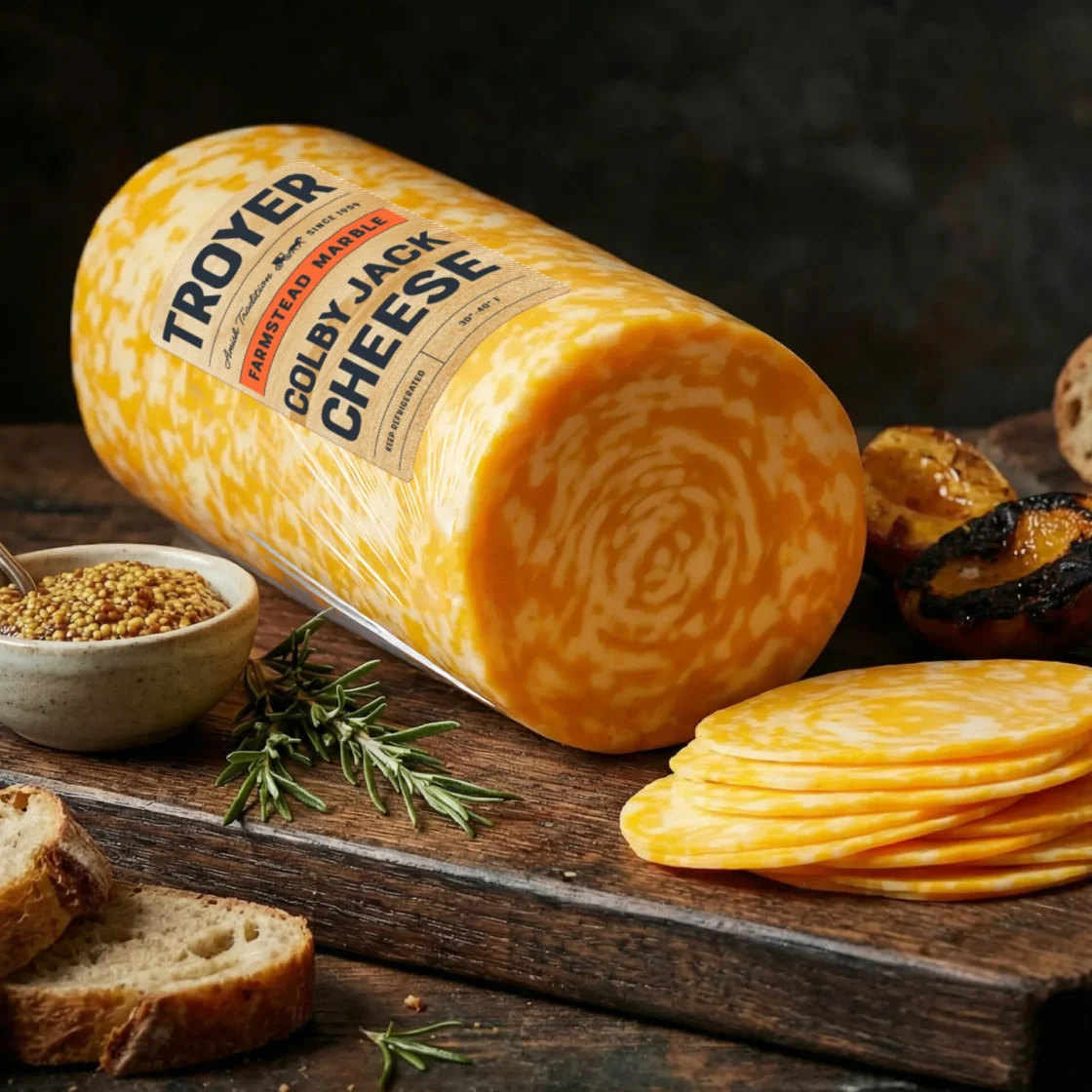 Marble Colby Jack cheese with mustard, bread, and fresh herbs on a rustic wooden board.