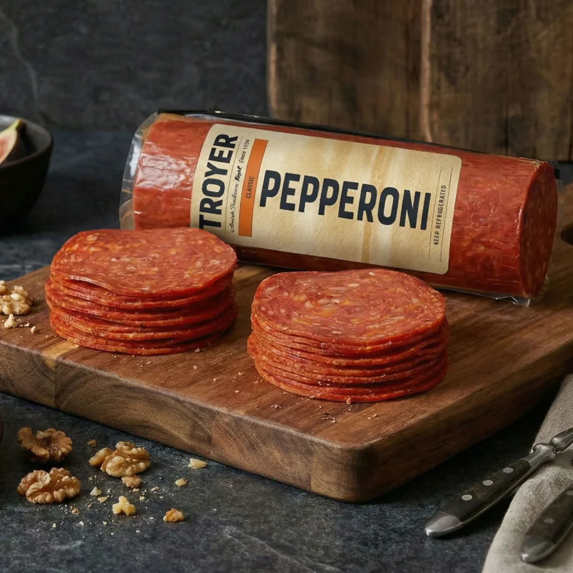 Rustic pepperoni slices on a wooden cutting board, perfect for charcuterie boards and snacks.