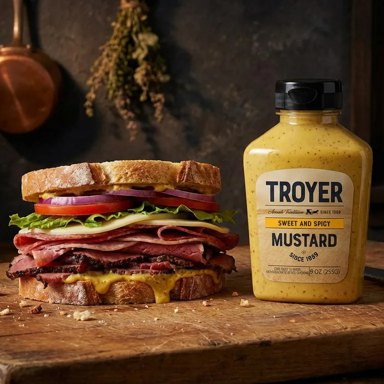 Troyer sweet and spicy mustard bottle displayed next to a premium deli sandwich with cured meats, cheese, and fresh vegetables on rustic wooden surfac